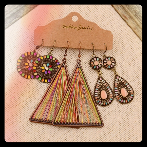 Last 3 Pair Set Tribal Bohemian Dangle Earrings - Picture 3 of 9